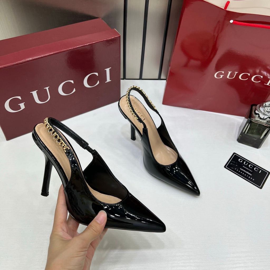 GUCCI SIGNORIA SLINGBACK PUMPS ROSSO ANCORA PATENT LEATHER BLACK