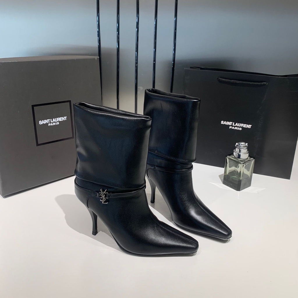 YSL SAINT LAURENT NIKI LEATHER HIGH HEELED ANKLE BOOTS