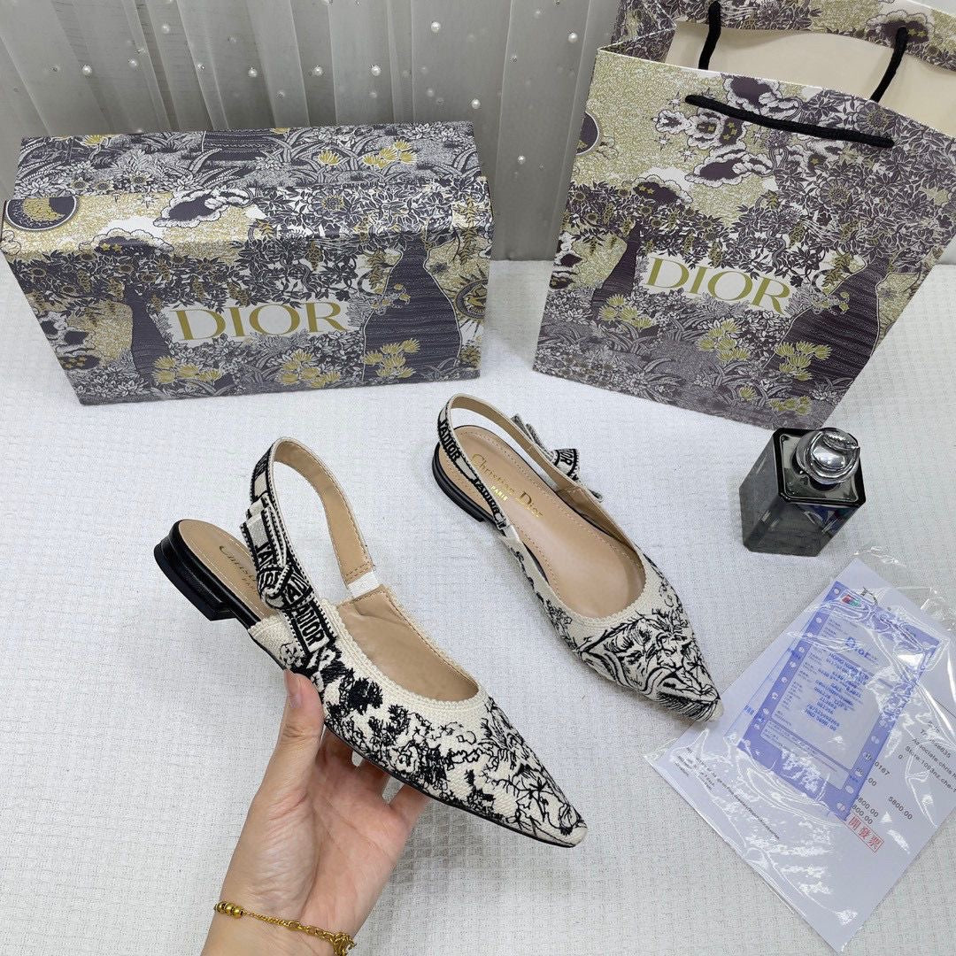 CHRISTIAN DIOR JADIOR SLINGBACK TRANSPERENT MESH BLACK DIOR EMBROIDERY FLAT
