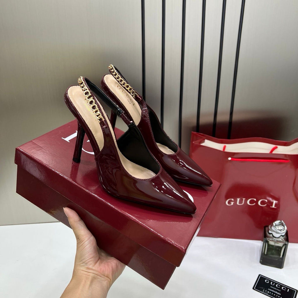 GUCCI SIGNORIA SLINGBACK PUMPS ROSSO ANCORA PATENT LEATHER WINE