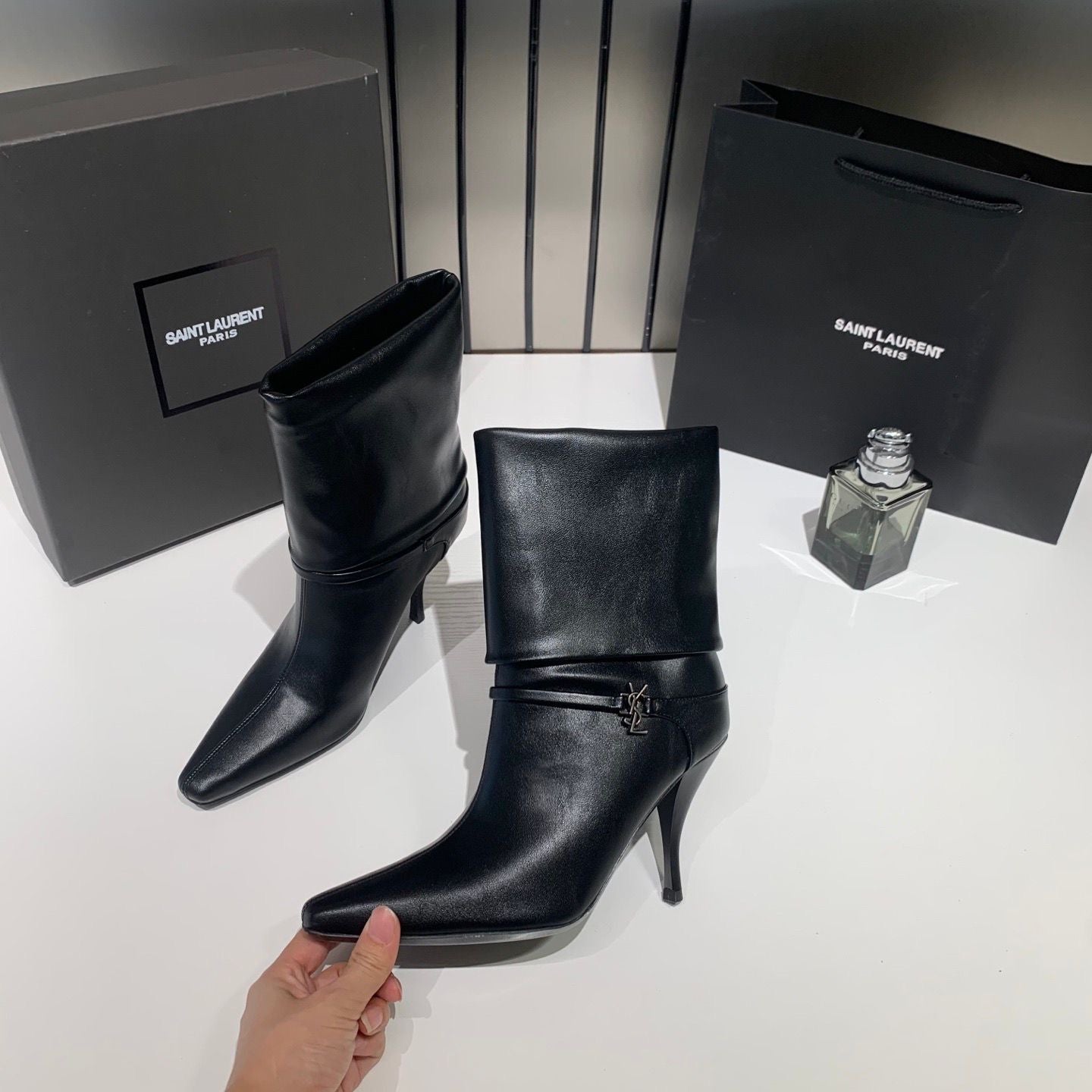 YSL SAINT LAURENT NIKI LEATHER HIGH HEELED ANKLE BOOTS