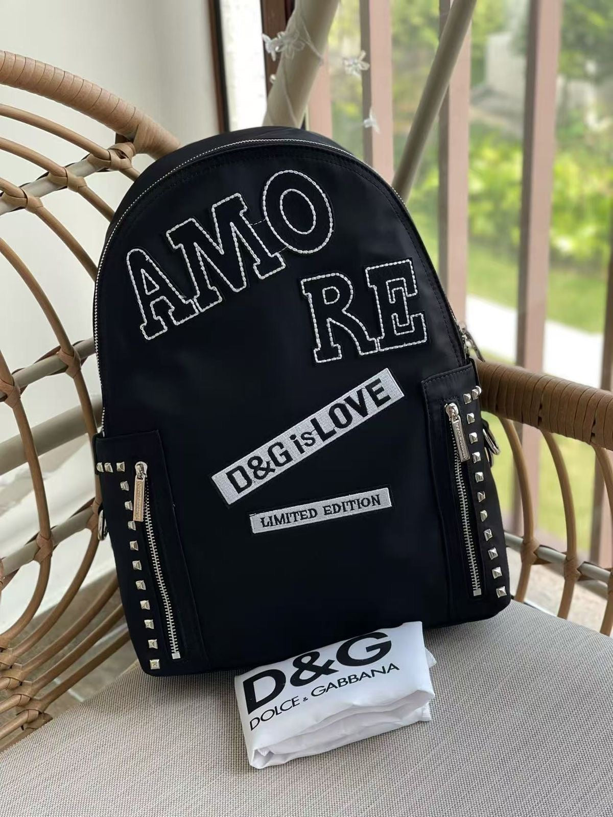 DOLCE & GABBANA NYLON BLACK STUD EMBROIDERY UNISEX BACKPACK