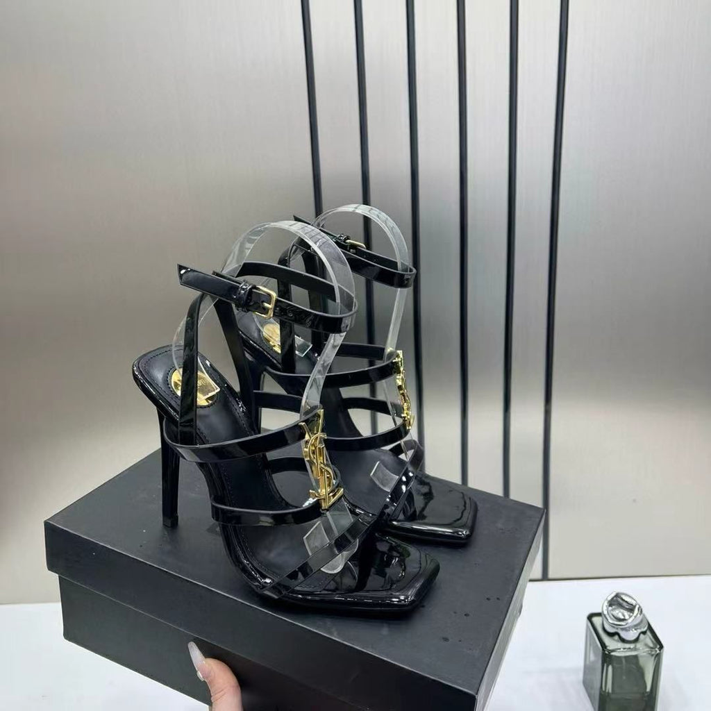 YSL CASSANDRA MULTI STRAP PATENT LEATHER STILETTO SANDAL