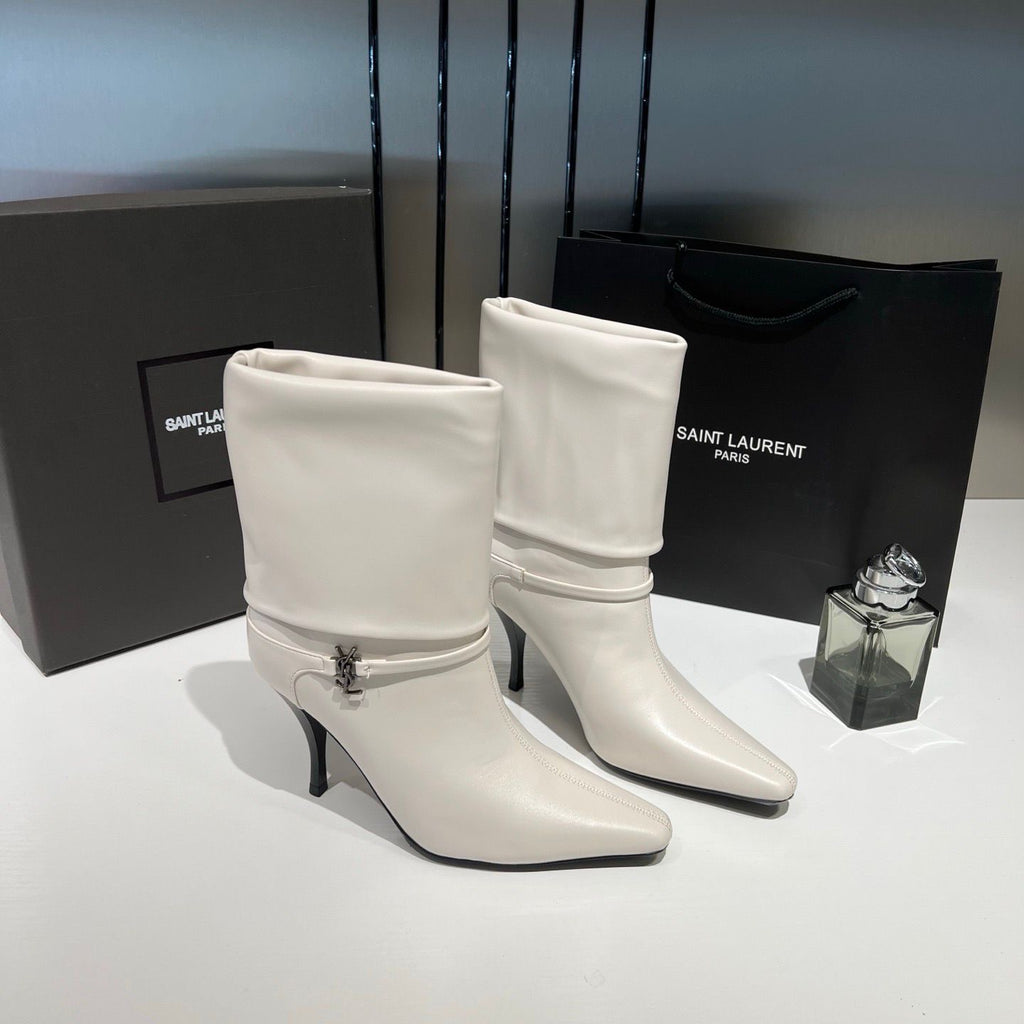 YSL SAINT LAURENT NIKI LEATHER HIGH HEELED ANKLE BOOTS