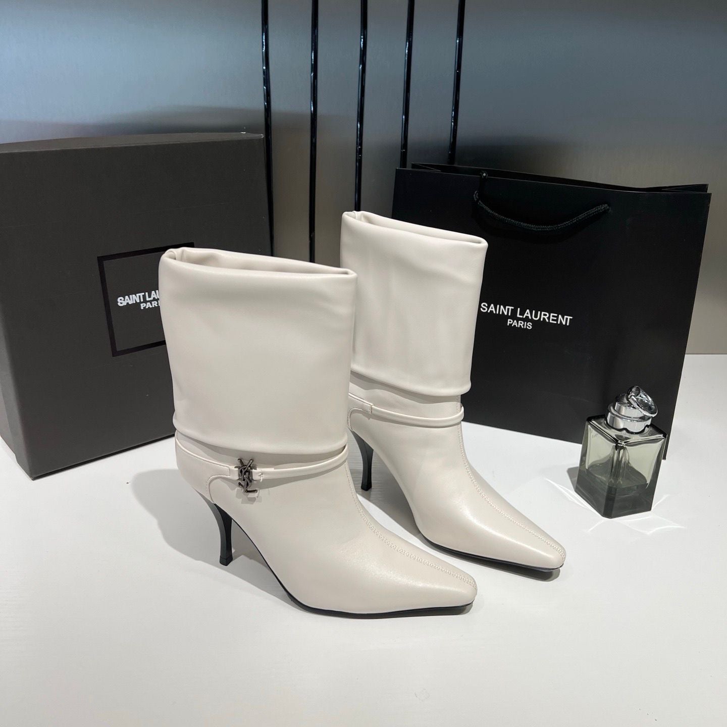 YSL SAINT LAURENT NIKI LEATHER HIGH HEELED ANKLE BOOTS