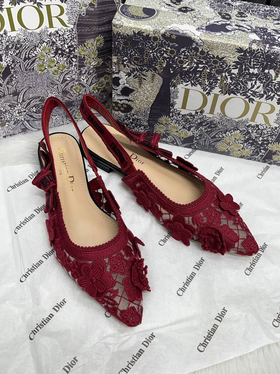 CHRISTIAN DIOR JADIOR SLINGBACK TRANSPERENT MESH MAROON DIOR EMBROIDERY FLAT