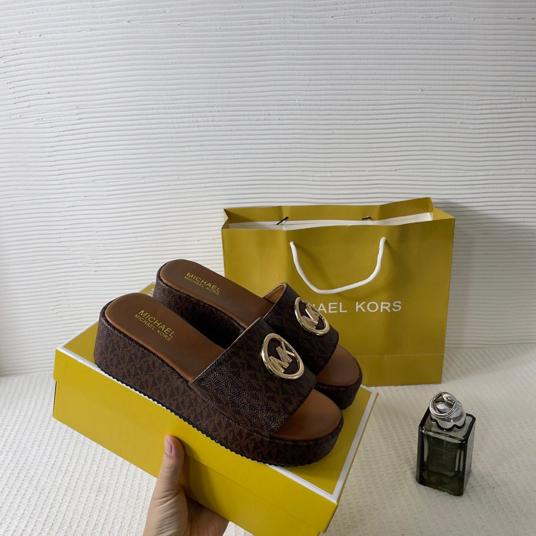 MICHAEL KORS SADLER LOGO JACQUARD WEDGE SANDALS