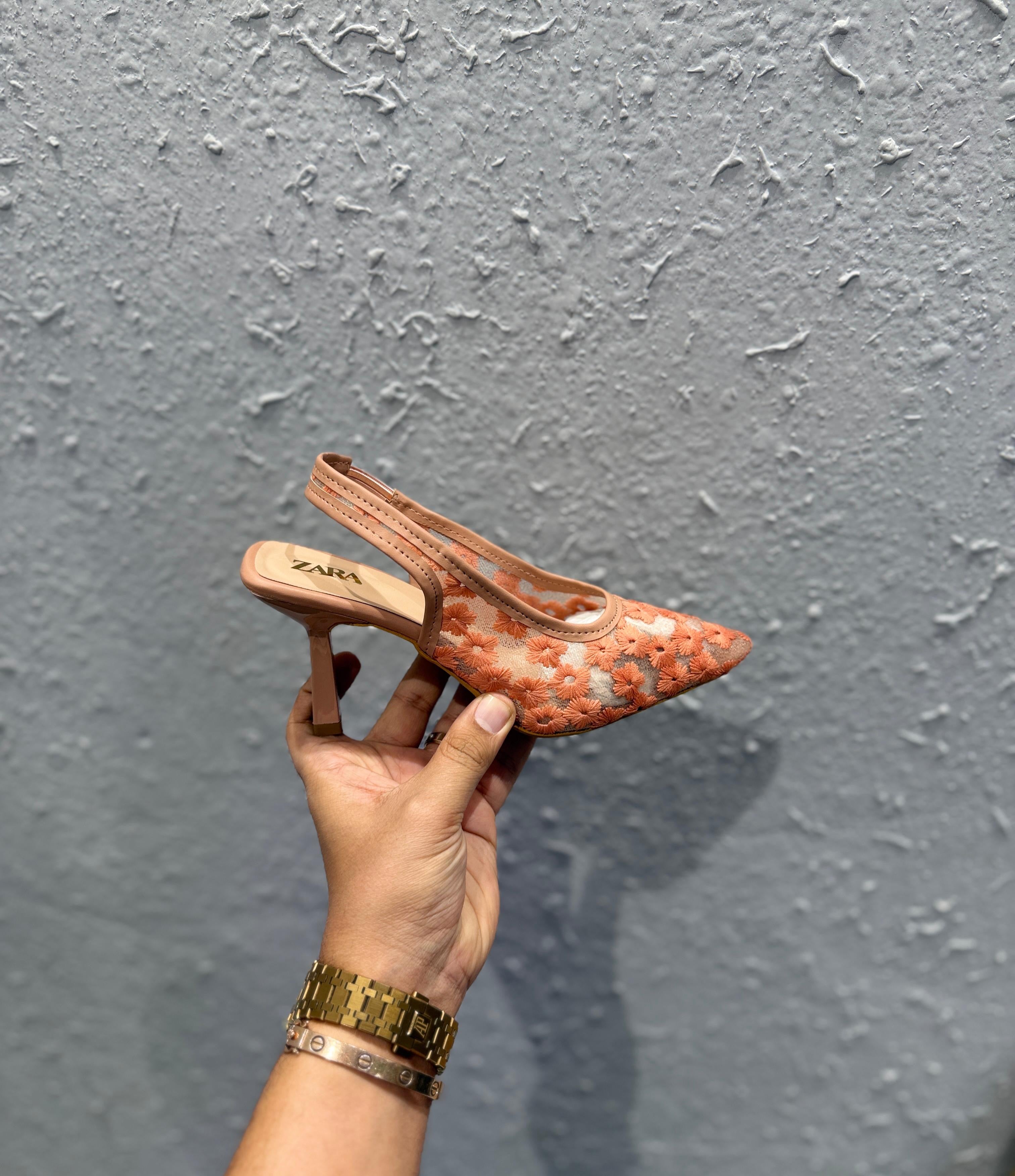 ZARA FLORAL LACE SLINGBACK HEELS