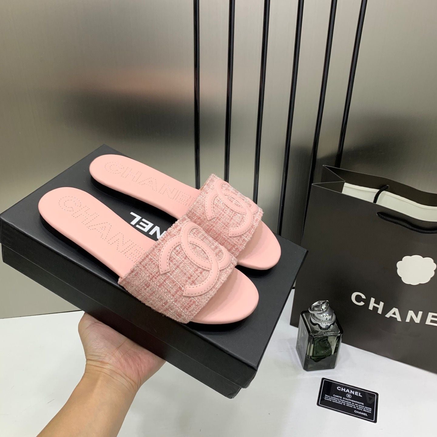 CHANEL TWEED FABRIC SLIDE SANDALS
