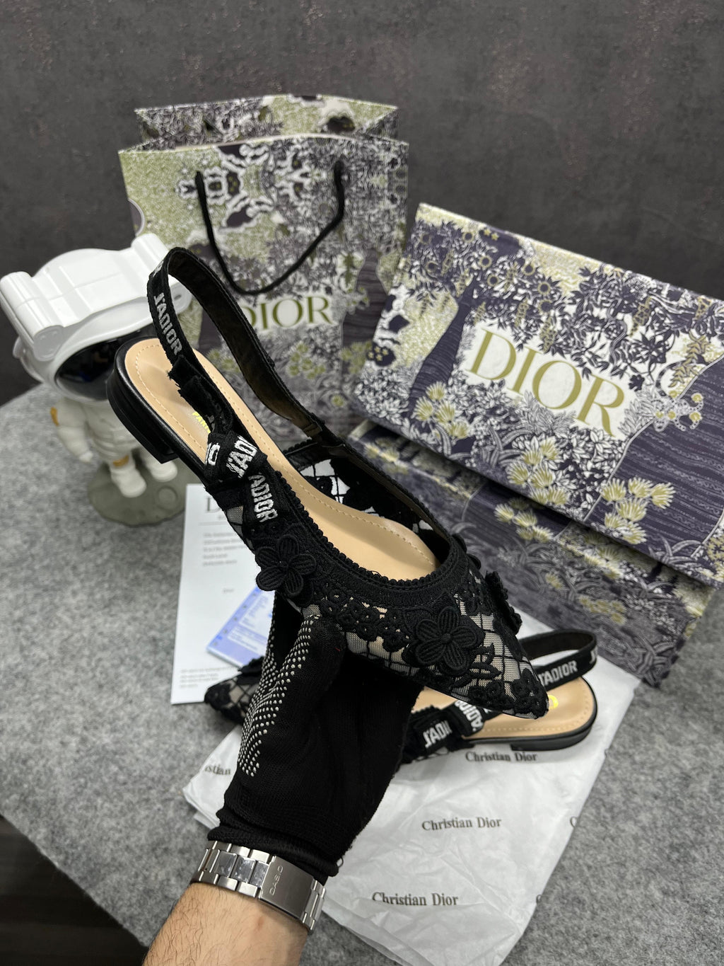 CHRISTIAN DIOR JADIOR SLINGBACK TRANSPERENT MESH BLACK DIOR EMBROIDERY FLAT