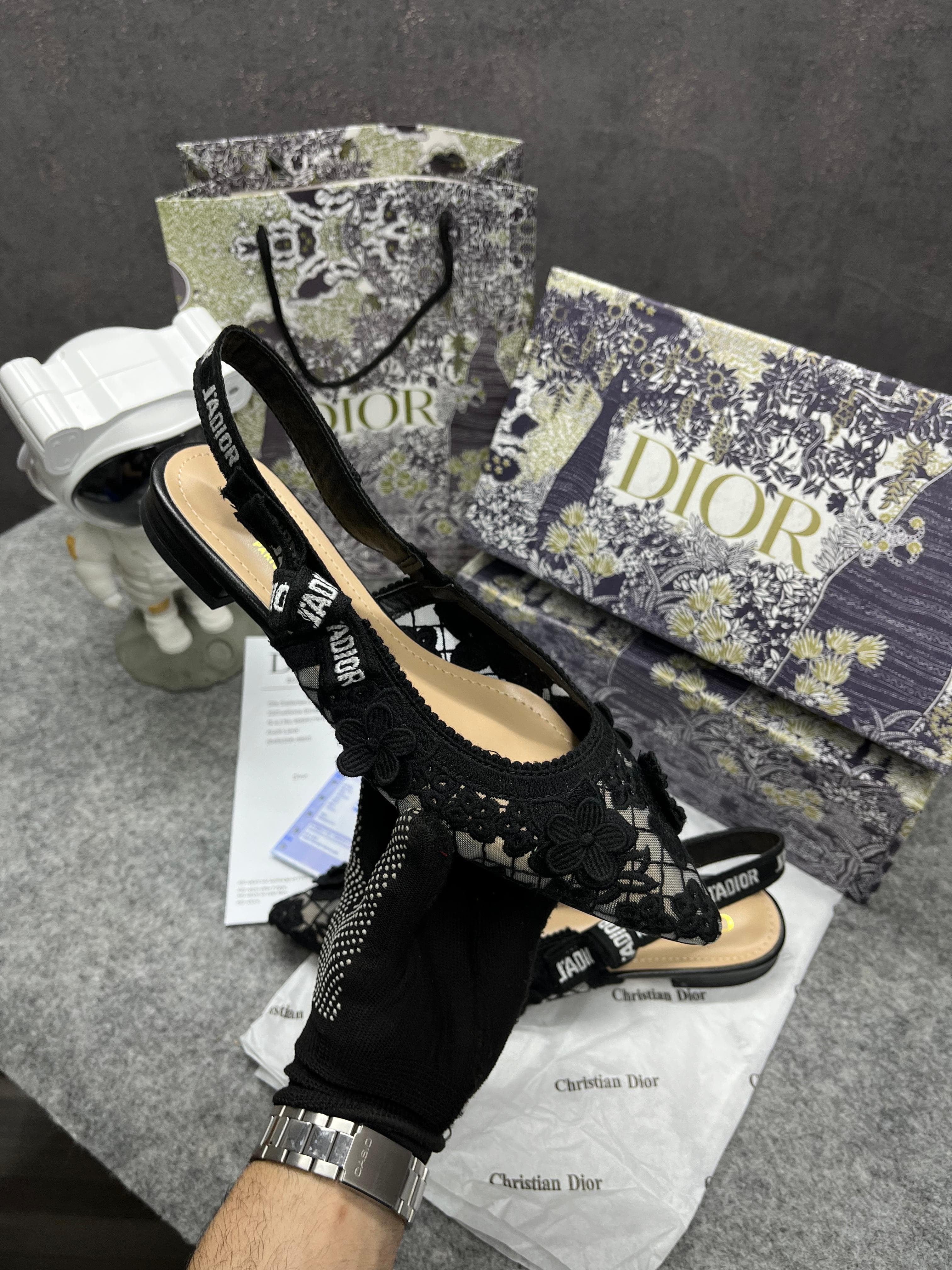 CHRISTIAN DIOR JADIOR SLINGBACK TRANSPERENT MESH BLACK DIOR EMBROIDERY FLAT