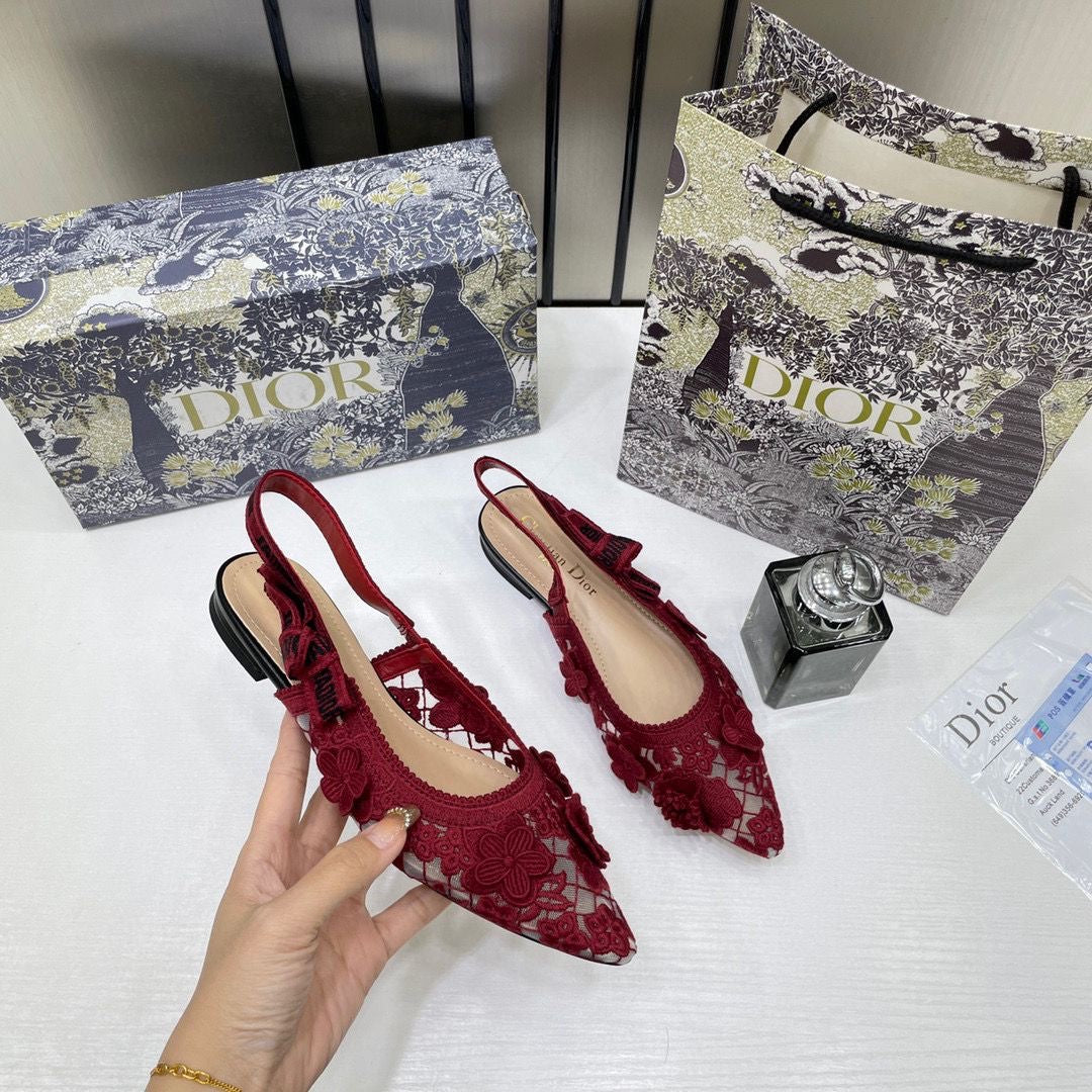 CHRISTIAN DIOR JADIOR SLINGBACK TRANSPERENT MESH MAROON DIOR EMBROIDERY FLAT