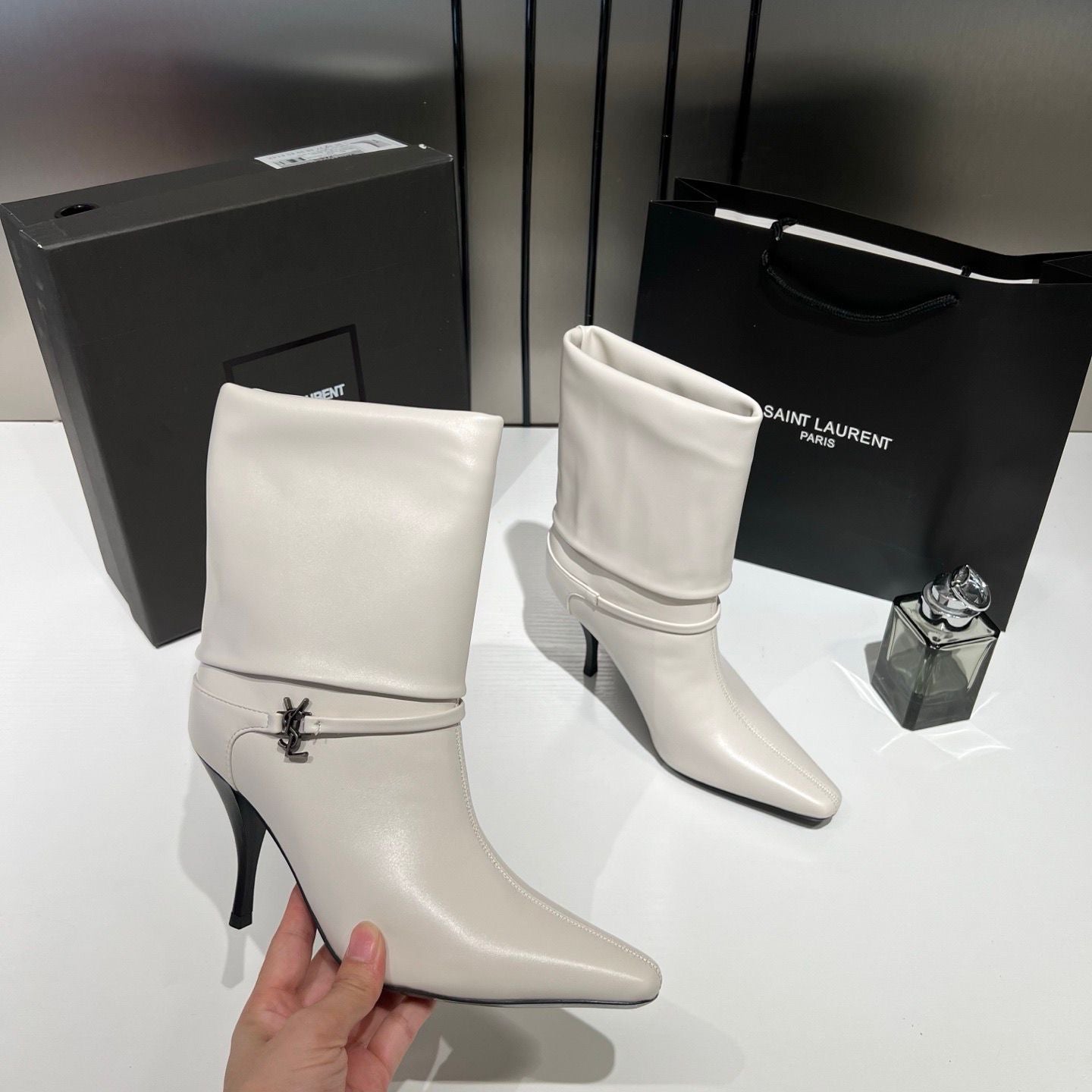 YSL SAINT LAURENT NIKI LEATHER HIGH HEELED ANKLE BOOTS