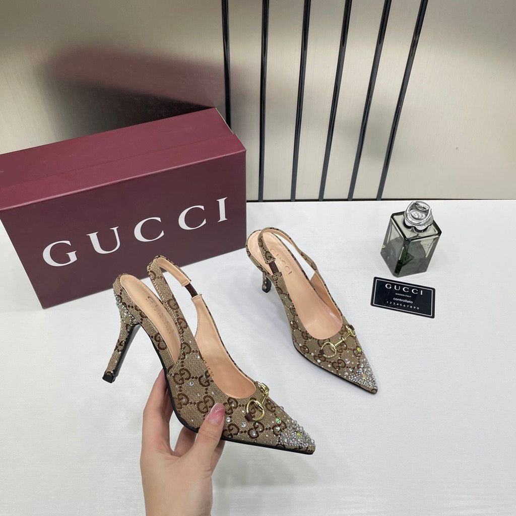 GUCCI GG SPARKLE HEEL BROWN SLINGBACK PUMP