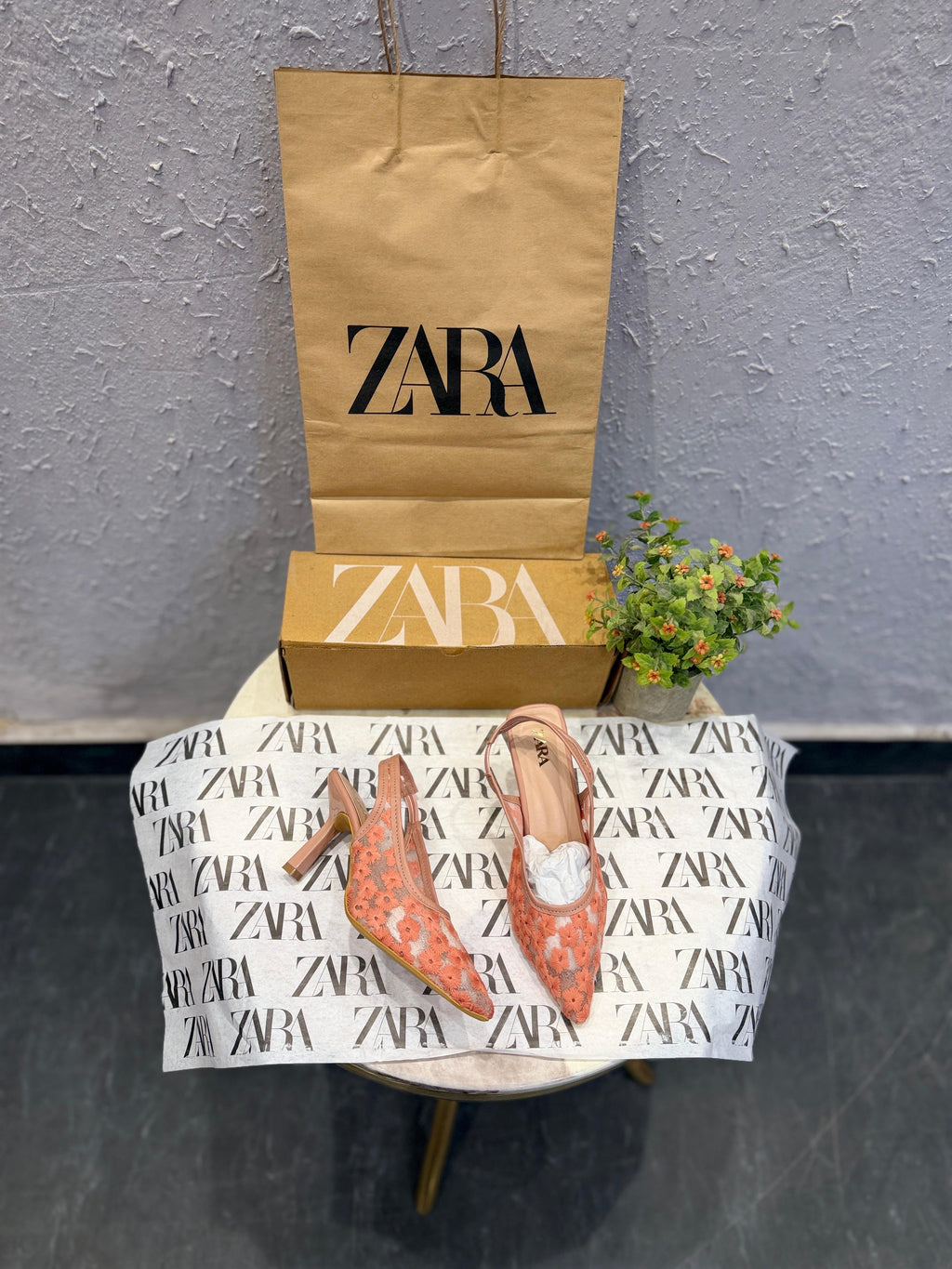 ZARA FLORAL LACE SLINGBACK HEELS