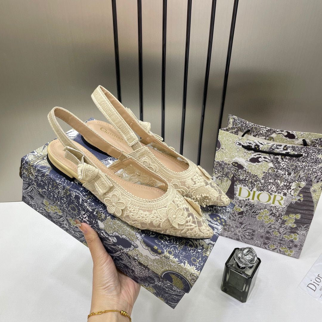 CHRISTIAN DIOR JADIOR SLINGBACK TRANSPERENT MESH BEIGE CREAM DIOR EMBROIDERY FLAT