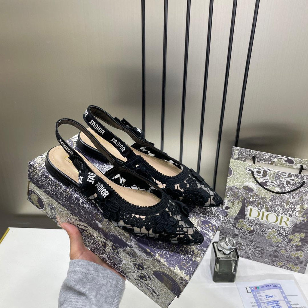 CHRISTIAN DIOR JADIOR SLINGBACK TRANSPERENT MESH BLACK DIOR EMBROIDERY FLAT