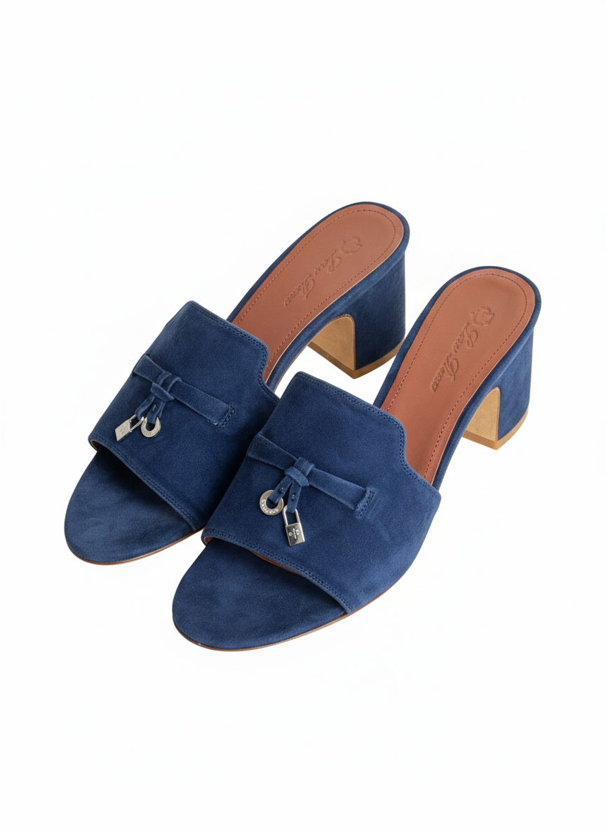 LORO PIANA SUMMER CHARMS SUEDE HEEL SANDALS BLUE