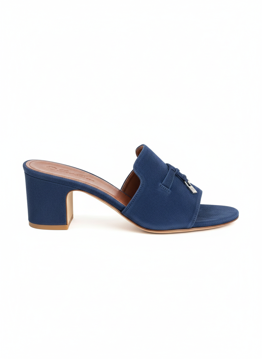 LORO PIANA SUMMER CHARMS SUEDE HEEL SANDALS BLUE