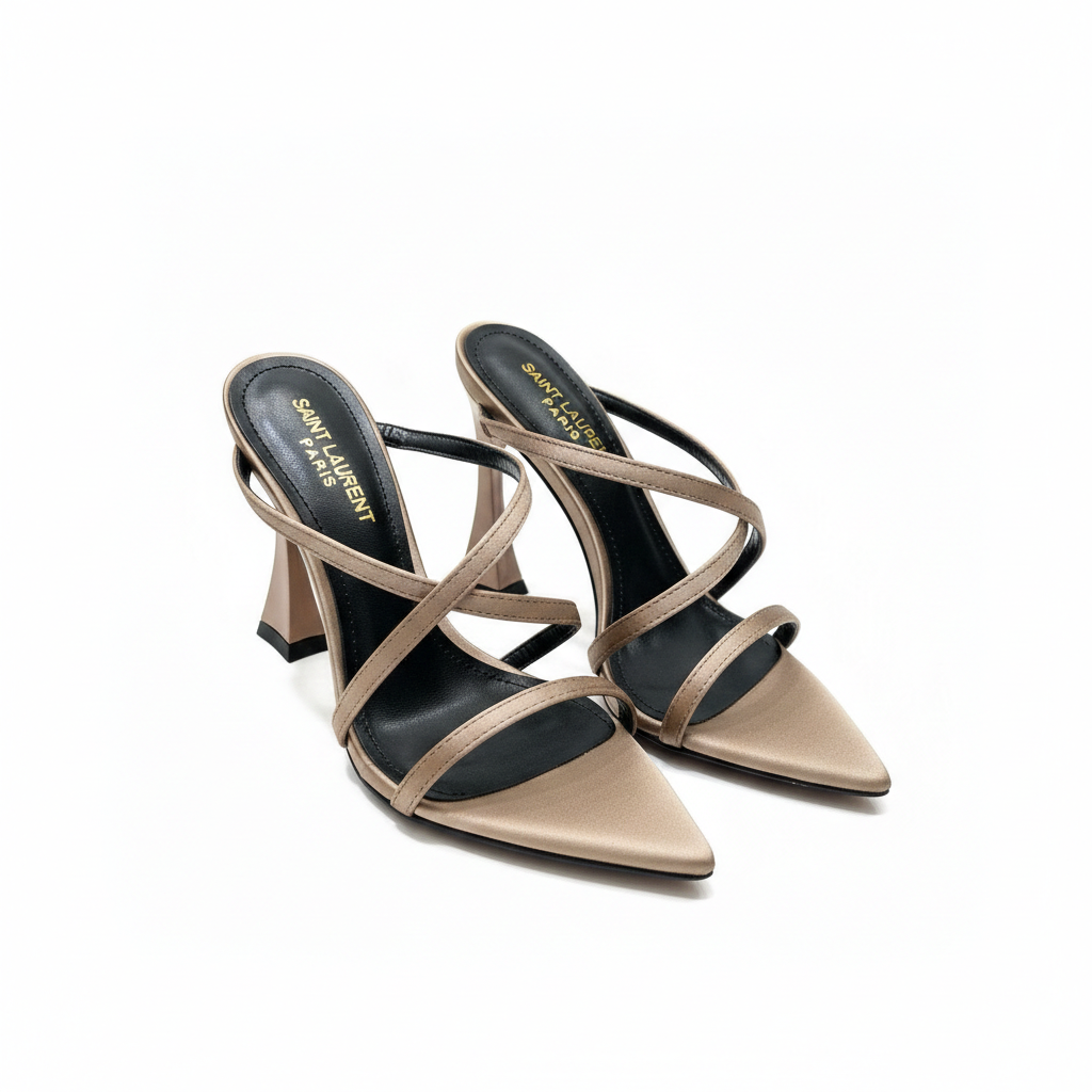 YSL SAINT LAURENT PARIS STRAPPY HEELS GOLD BEIGE