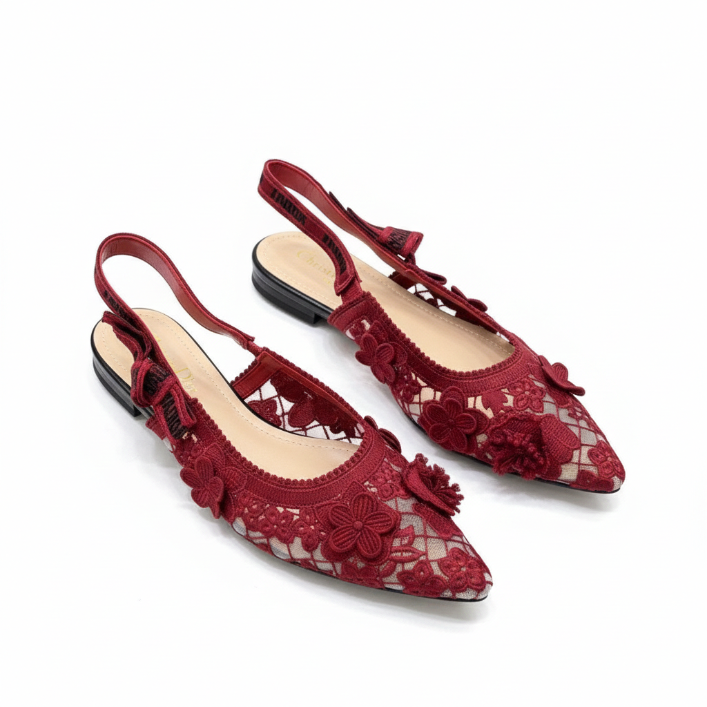 CHRISTIAN DIOR JADIOR SLINGBACK TRANSPERENT MESH MAROON DIOR EMBROIDERY FLAT
