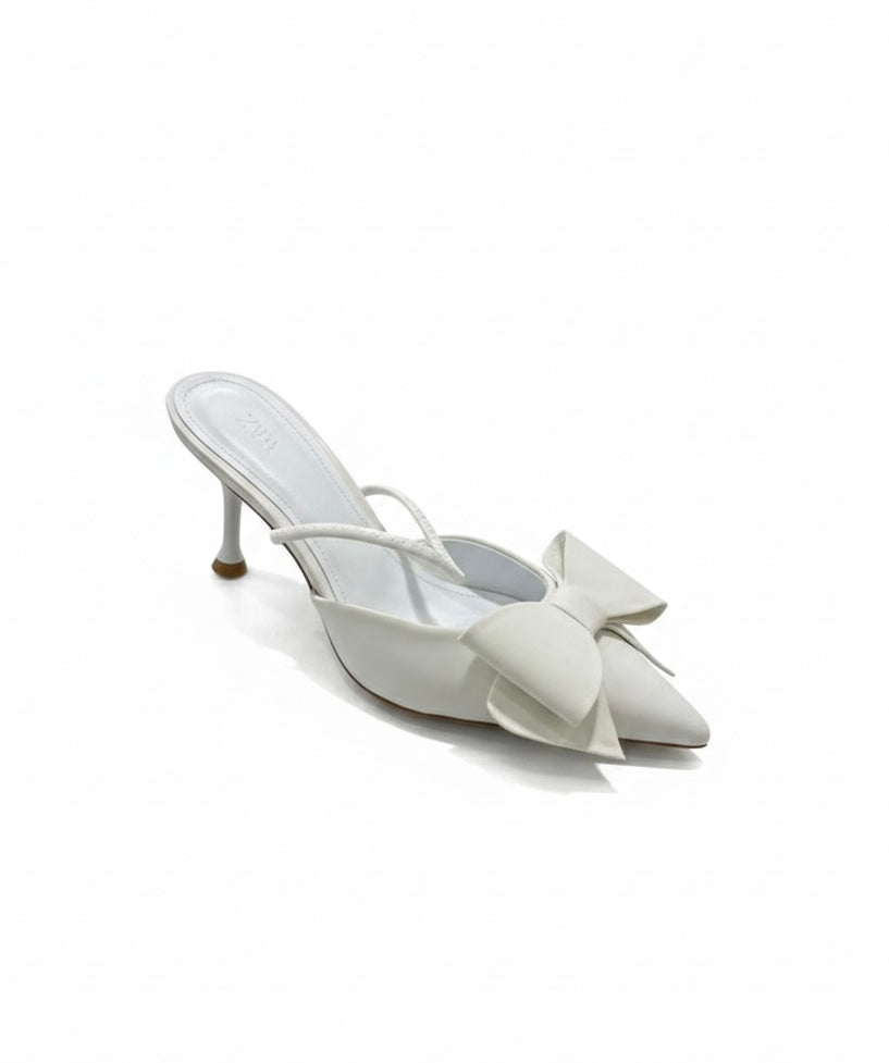 ZARA WOMEN PU BOW DETAIL HIGH HEELED MULES