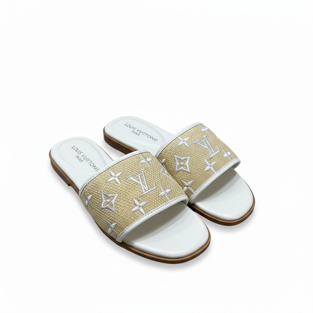 LOUIS VUITTON MONOGRAM RAFFIA SLIDE SANDALS