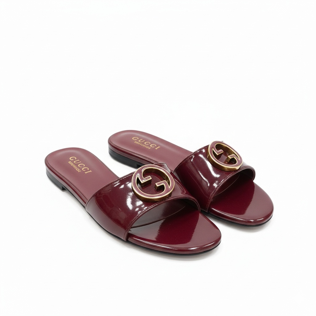 GUCCI ROSSO RED LEATHER SHINY CLASSIC SLIDE