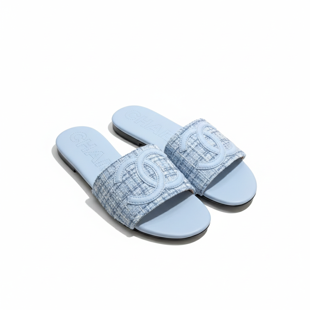 CHANEL BLUE TWEED CC SLIPPERES FLAT