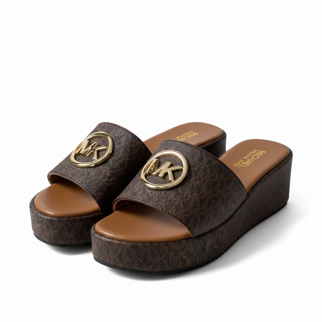 MICHAEL KORS SADLER LOGO JACQUARD WEDGE SANDALS