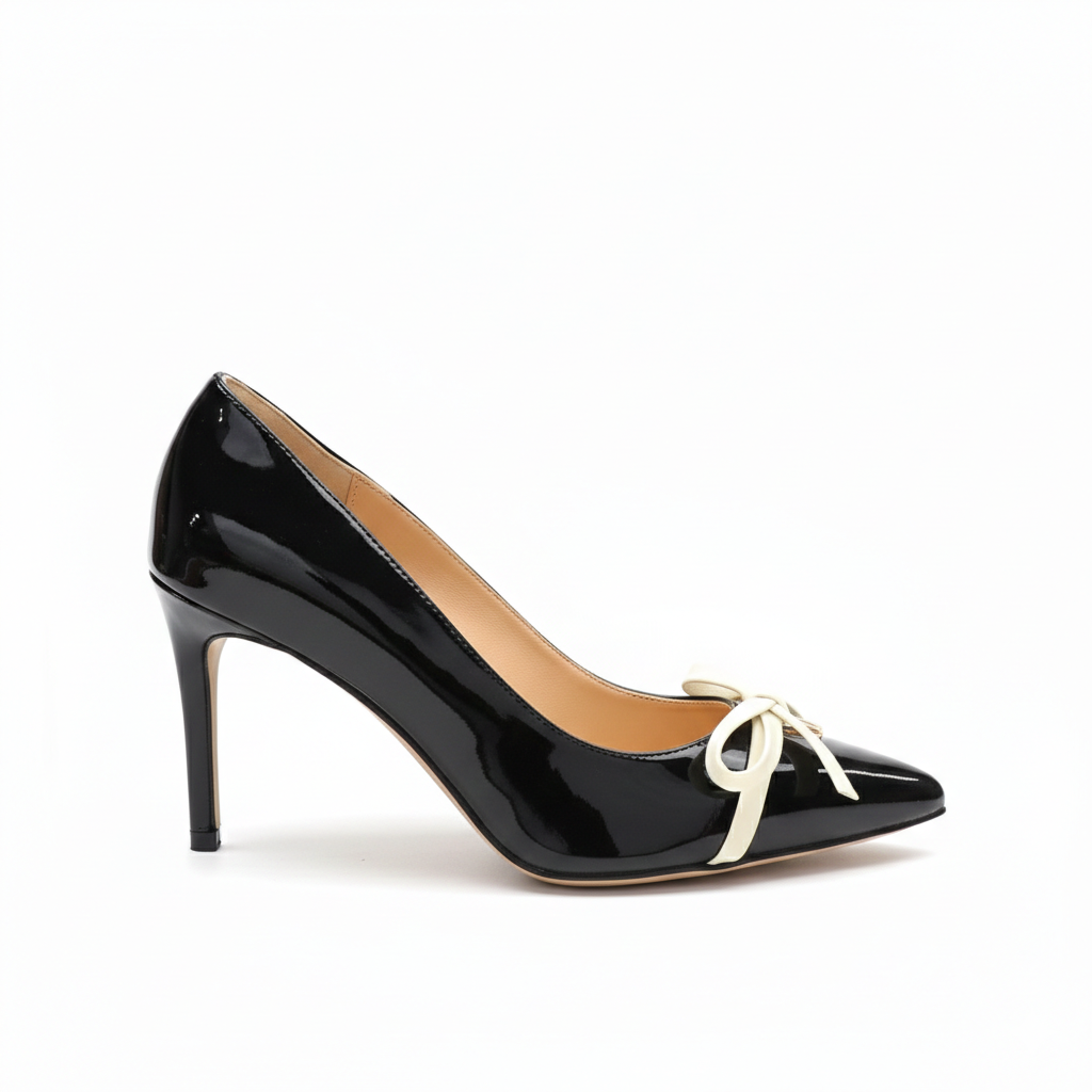 VALENTINO PUMP HEEL ELEGANT WOMENS BLACK PATENT LEATHER WITH WHITE KNOT