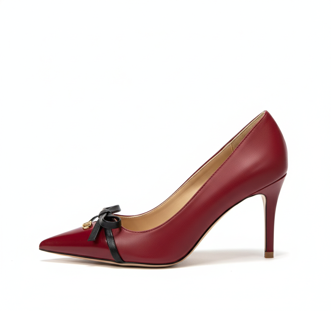 VALENTINO PUMP HEEL ELEGANT WOMENS WINE PATENT LEATHER WITH BLACK KNOT