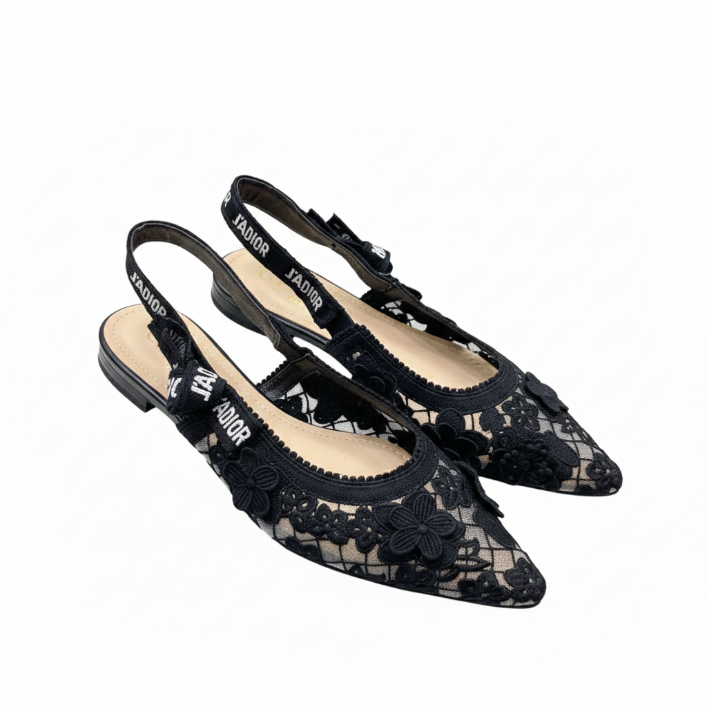 CHRISTIAN DIOR JADIOR SLINGBACK TRANSPERENT MESH BLACK DIOR EMBROIDERY FLAT