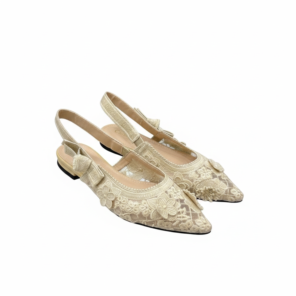 CHRISTIAN DIOR JADIOR SLINGBACK TRANSPERENT MESH BEIGE CREAM DIOR EMBROIDERY FLAT