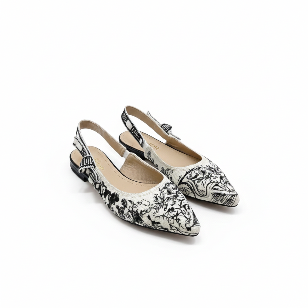 CHRISTIAN DIOR JADIOR SLINGBACK TRANSPERENT MESH BLACK DIOR EMBROIDERY FLAT