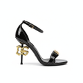 DOLCE AND GABBANA SCULPTED HEEL BAROQUE DG PATENT BLAVK LEATHER SANDAL