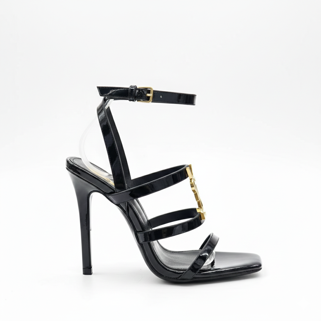 YSL CASSANDRA MULTI STRAP PATENT LEATHER STILETTO SANDAL