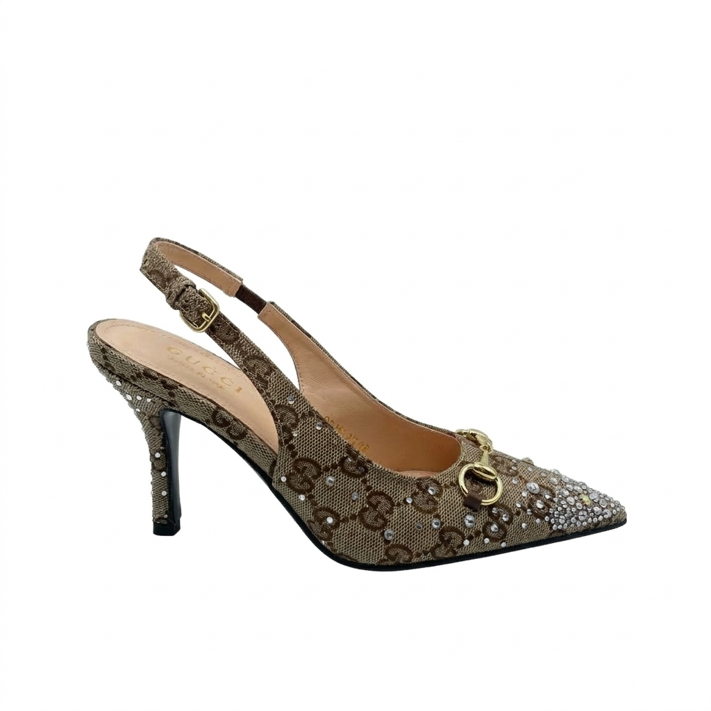 GUCCI GG SPARKLE HEEL BROWN SLINGBACK PUMP
