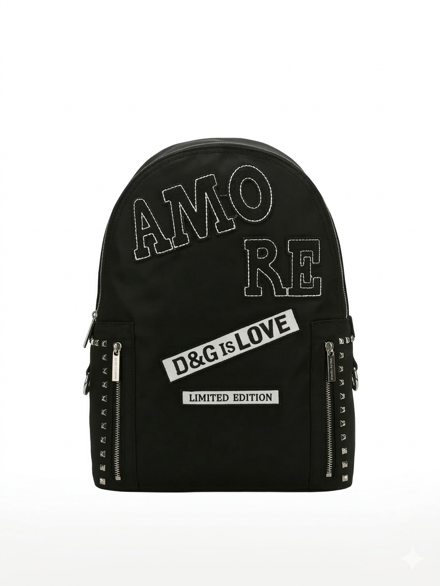 DOLCE & GABBANA NYLON BLACK STUD EMBROIDERY UNISEX BACKPACK