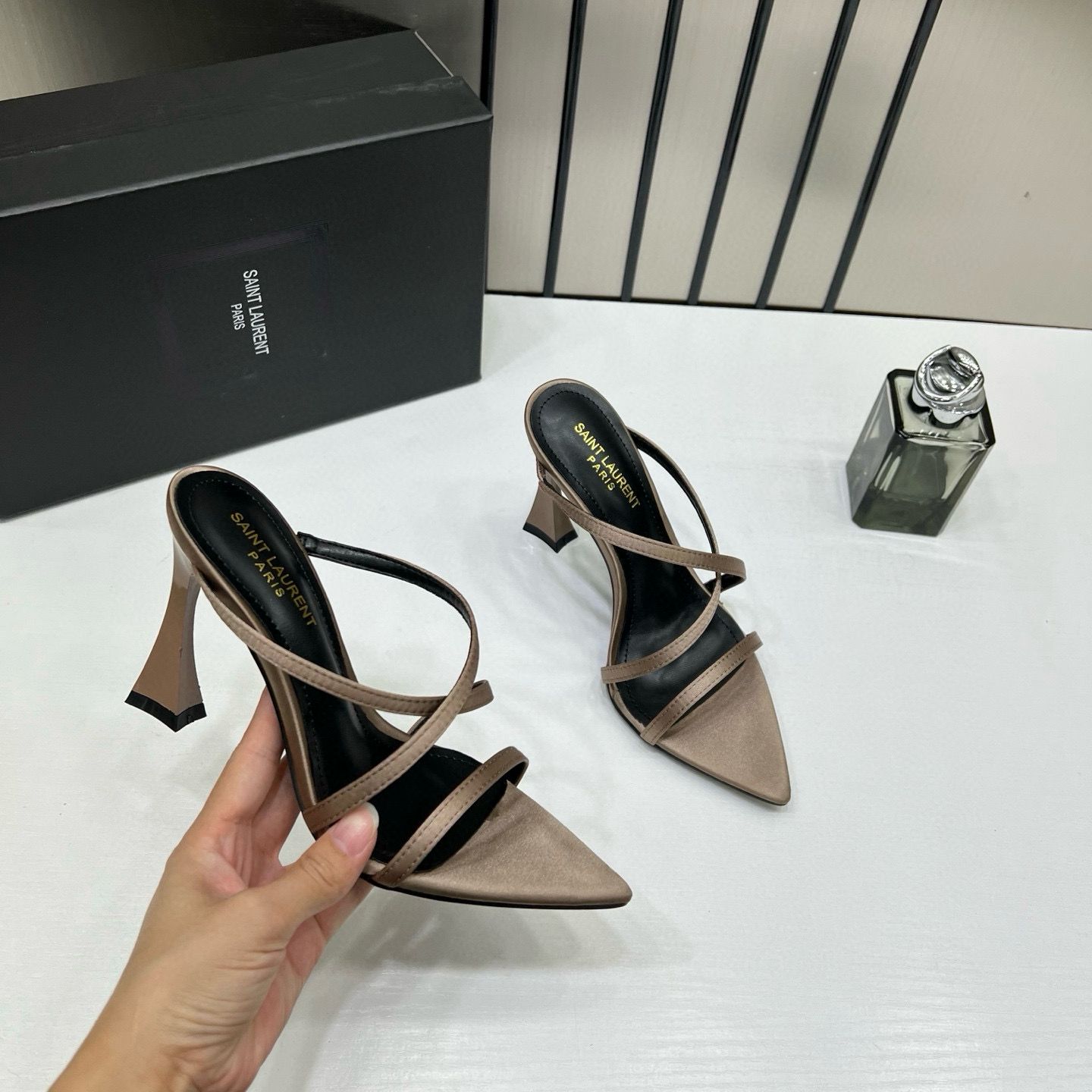 YSL SAINT LAURENT PARIS STRAPPY HEELS GOLD BEIGE
