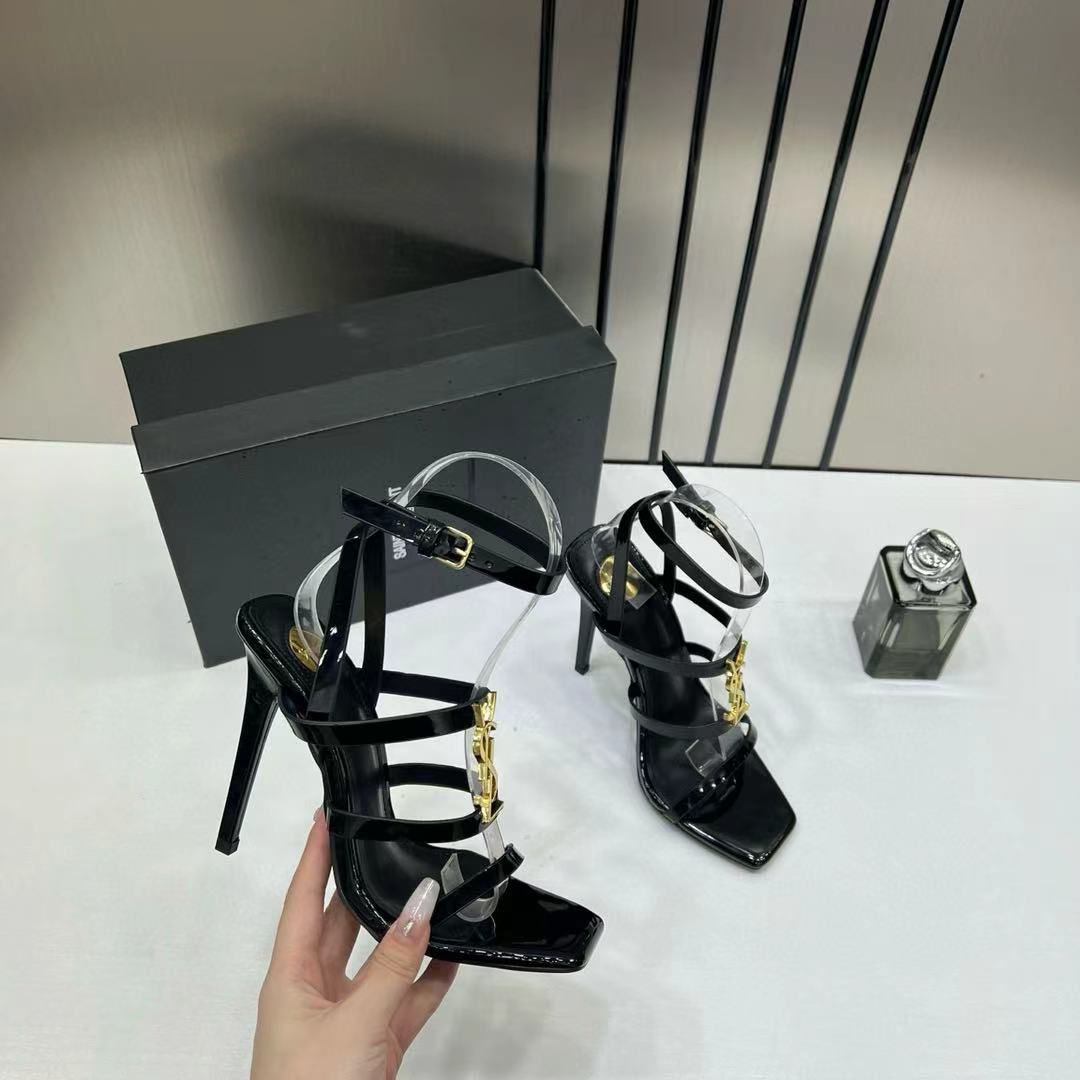 YSL CASSANDRA MULTI STRAP PATENT LEATHER STILETTO SANDAL