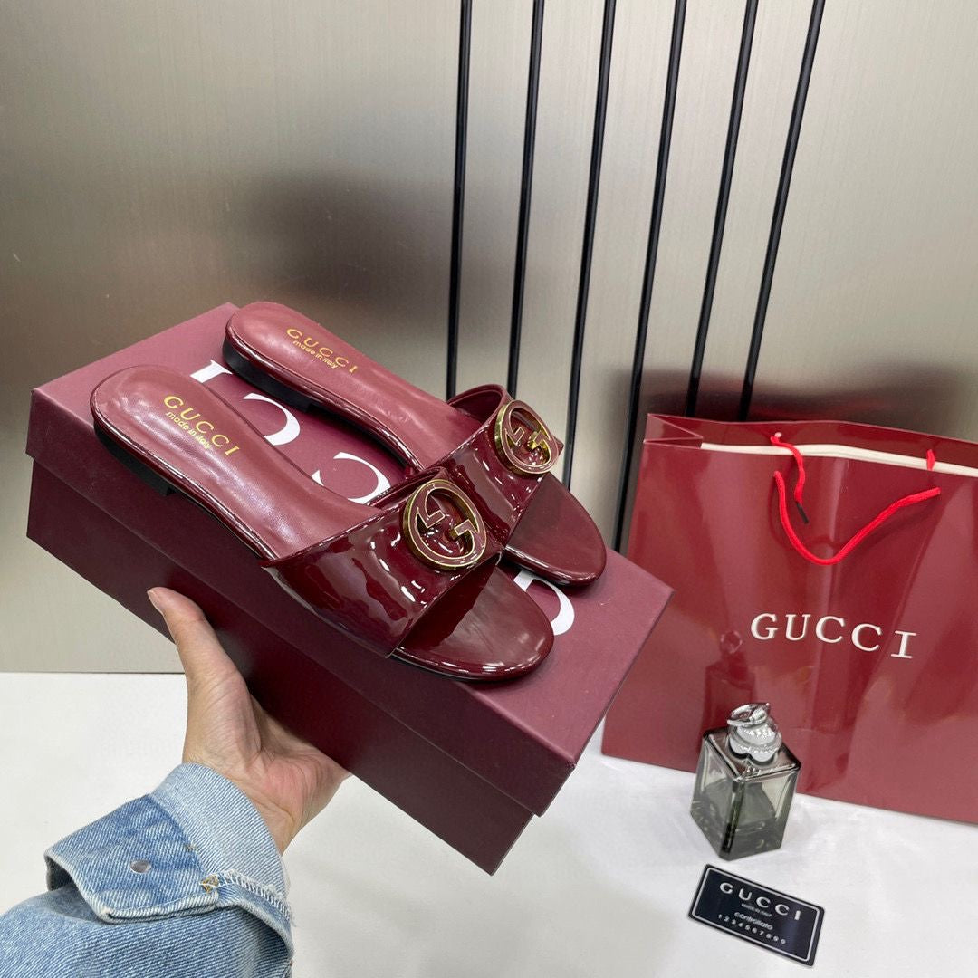 GUCCI ROSSO RED LEATHER SHINY CLASSIC SLIDE
