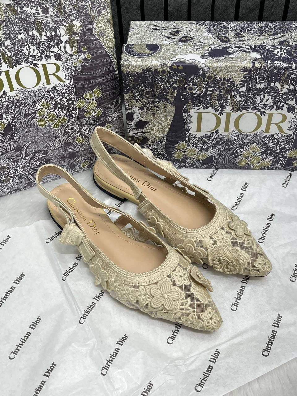CHRISTIAN DIOR JADIOR SLINGBACK TRANSPERENT MESH BEIGE CREAM DIOR EMBROIDERY FLAT