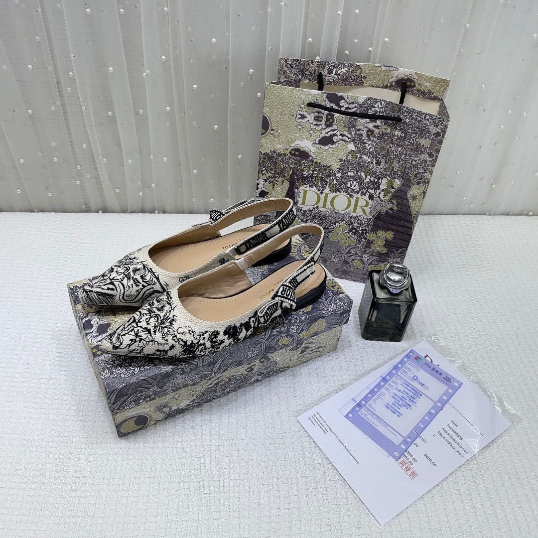 CHRISTIAN DIOR JADIOR SLINGBACK TRANSPERENT MESH BLACK DIOR EMBROIDERY FLAT