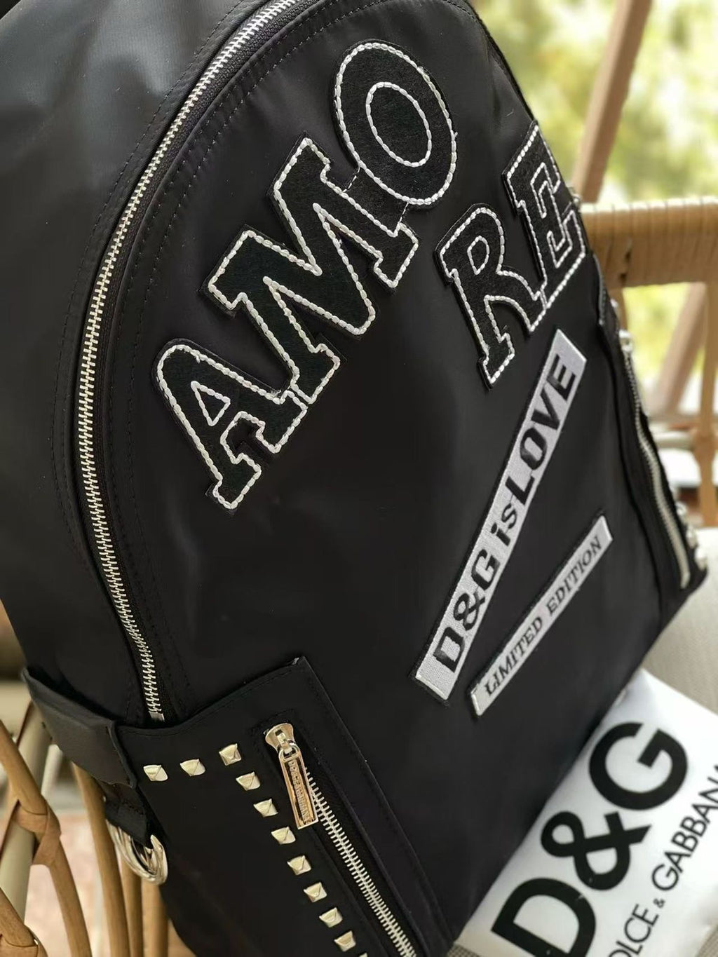 DOLCE & GABBANA NYLON BLACK STUD EMBROIDERY UNISEX BACKPACK