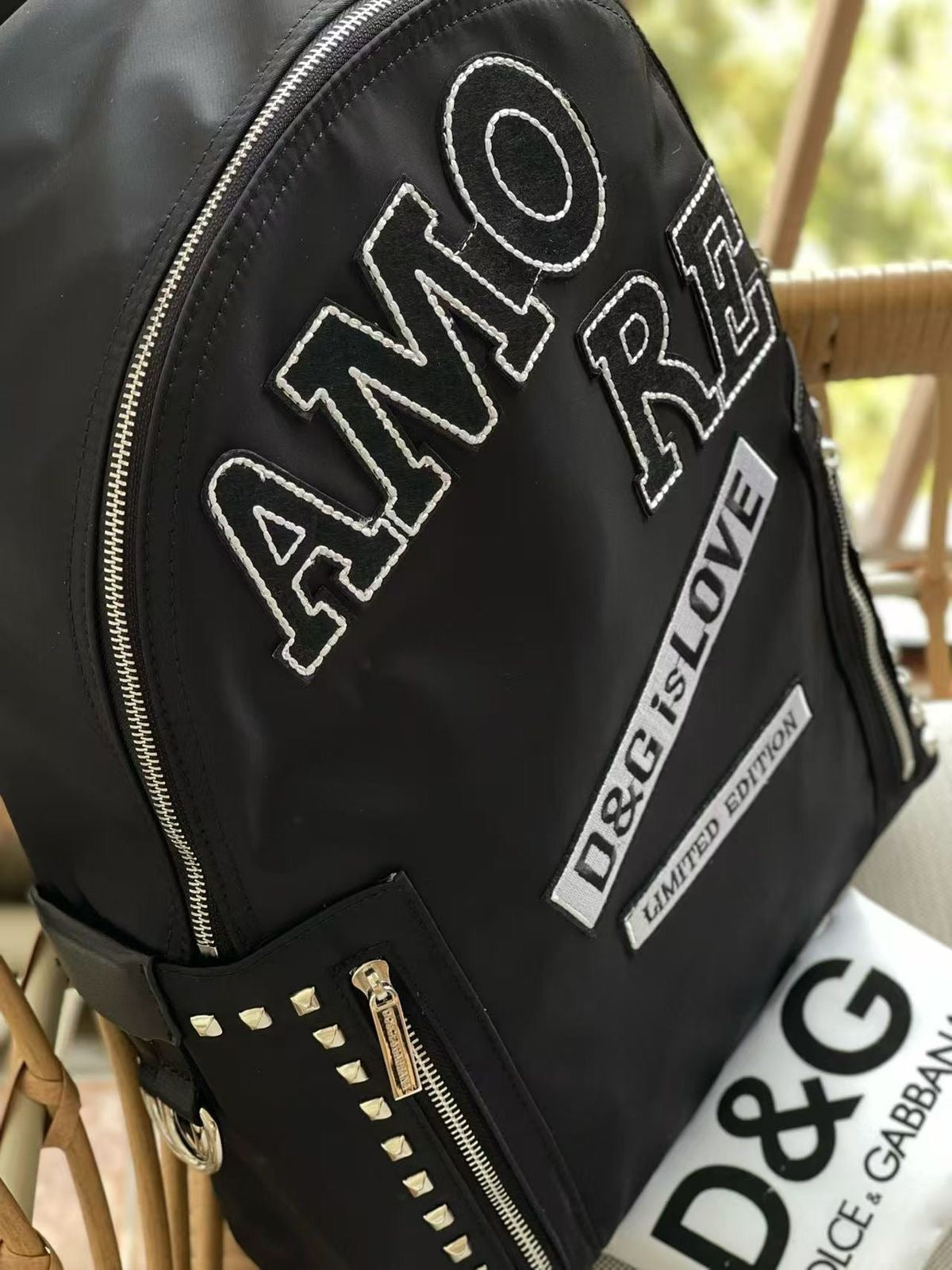 DOLCE & GABBANA NYLON BLACK STUD EMBROIDERY UNISEX BACKPACK