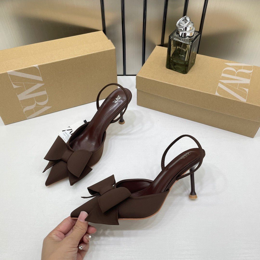ZARA WOMEN PU BOW DETAIL HIGH HEELED MULES