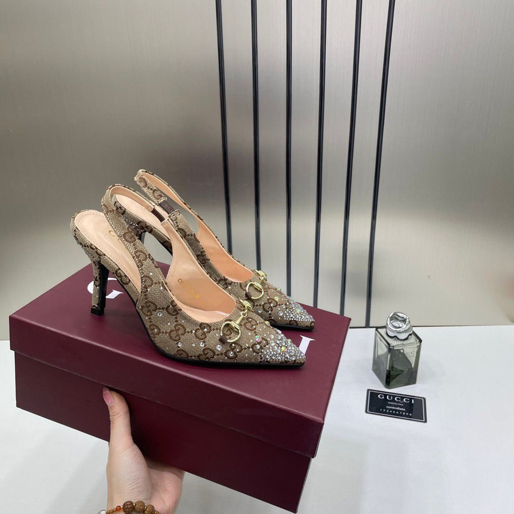 GUCCI GG SPARKLE HEEL BROWN SLINGBACK PUMP