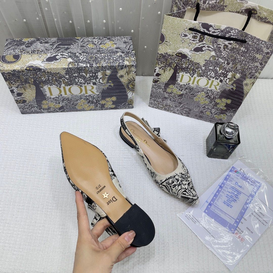 CHRISTIAN DIOR JADIOR SLINGBACK TRANSPERENT MESH BLACK DIOR EMBROIDERY FLAT