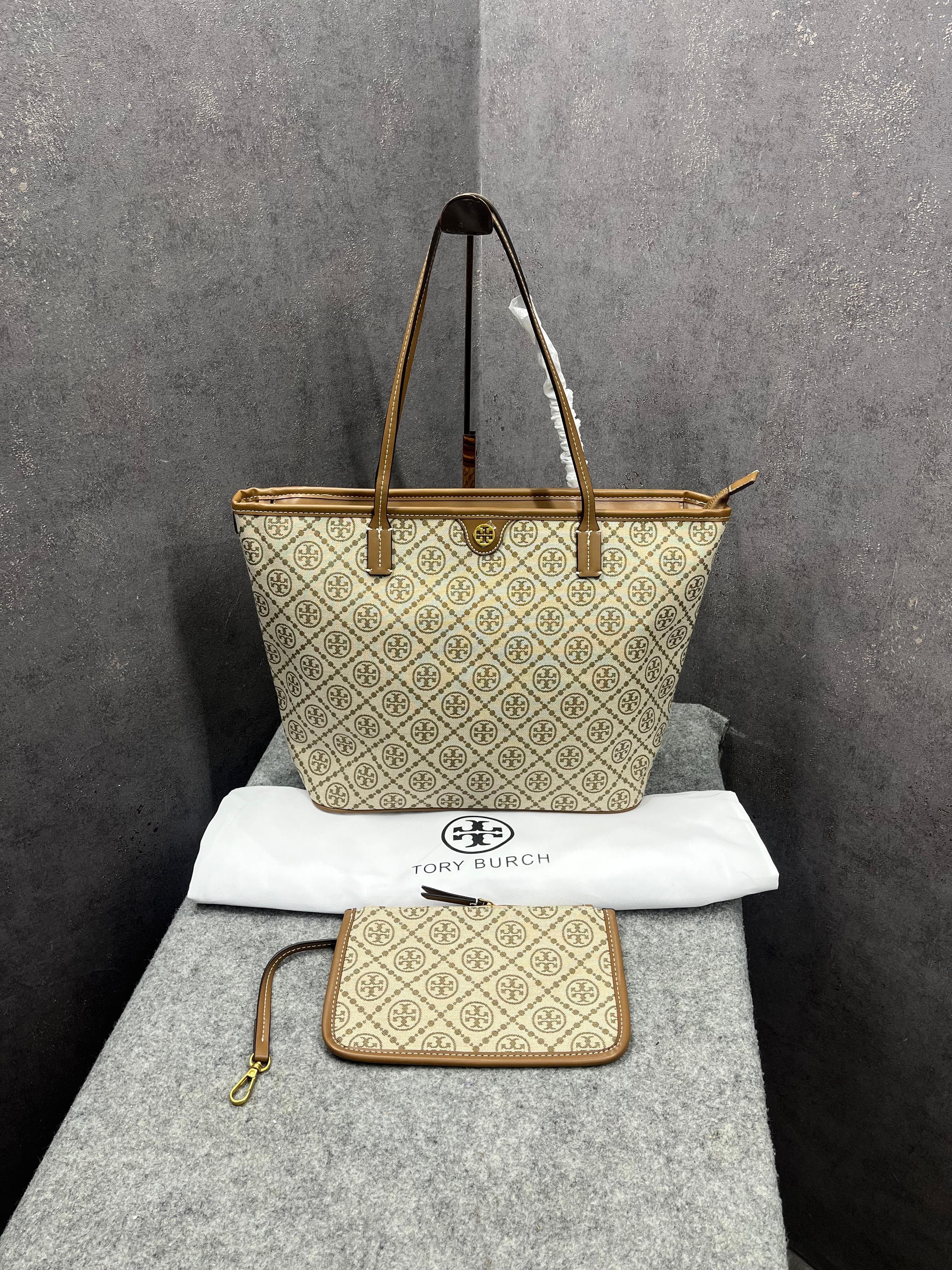 TORY BURCH BIG TOTE JACQUARD SIGNATURE WITH POUCH